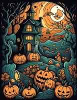 Cartoon Halloween spooky house. Illustrations of a Spooky House for Halloween. Fairytale and fantasy design.  AI Generated. photo
