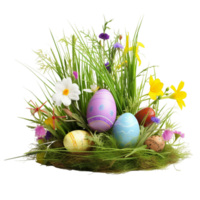 vistoso Pascua de Resurrección huevos con césped y flores ai generativo png