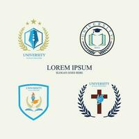 University and academy vector icons. Emblems or shields set for high school education graduates in maritime science, or law. Ribbons and badges of bachelor hat, laurel wreath, Vector Logo Template