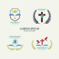 University and academy vector icons. Emblems or shields set for high school education graduates in maritime science, or law. Ribbons and badges of bachelor hat, laurel wreath, Vector Logo Template