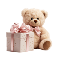 Cute teddy bear with pink gift box ai generative png