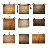 Wooden boards on ropes set Realistic signboards ai generative png