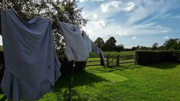 soleado día lavandería recién colgado ropa en el línea video