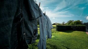 sonnig Tag Wäsche frisch hing Kleider auf das Linie video