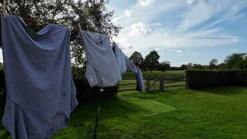 ensolarado dia lavanderia recentemente pendurado roupas em a linha video