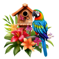 a colorful parrot perched on a tree branch in a tropical setting with flowers and a bird house ai generative png