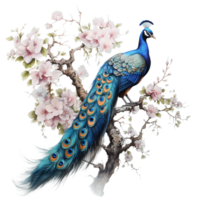 ein Pfau Sitzung auf ein Baum Ast mit Blumen ai generativ png