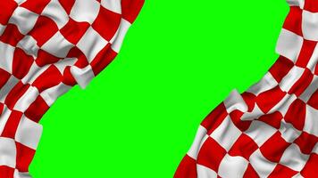 Rennen rot und Weiß kariert Flagge winken auf Seiten, isoliert mit stoßen Textur, 3d Wiedergabe, Grün Bildschirm, Alpha matt video