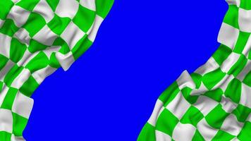 courses vert et blanc à carreaux drapeau agitant sur côtés, isolé avec bosse texture, 3d le rendu, vert filtrer, alpha mat video