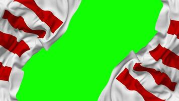 unido naciones honor bandera ondulación en lados, aislado con bache textura, 3d representación, verde pantalla, alfa mate video