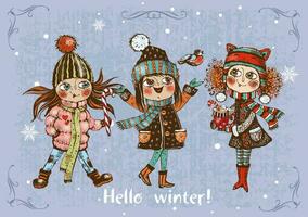 Hello winter. Cute girls in winter. Vector. vector
