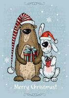 A Christmas card with a cheerful bunny and a teddy bear with gifts. Vector. vector