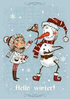 Hola invierno. Navidad tarjeta con un linda niña y un muñeco de nieve. vector. vector