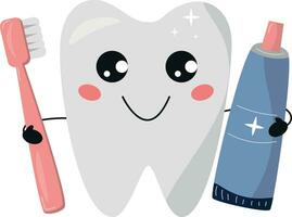 Cute tooth with toothbrush and toothpaste vector