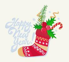 Happy New Year. Warm knitted sock decorated with stripes, snowflakes, dots and zigzag lines with Christmas gifts in it. Winter footwear. Vector isolated illustration
