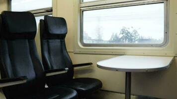 Two empty seats with table in the moving train video