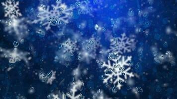 Tropfen von Regen fallen durch das Glas Blau Hintergrund mit fallen Schnee. video