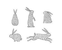 Hand drawn style line drawing illustration set of rabbit in various poses vector