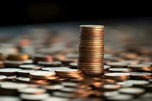 Businessman standing on stack coin money. saving money concept. earring and growing money. generative ai photo