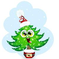 Crazy Christmas tree in Santa Claus costume in a pot decorated with Christmas lights under snowfall vector