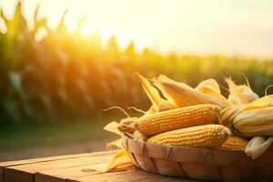 Corn cobs in corn plantation field at sunrise background with copy space for text. Environment nature concept. generative ai photo