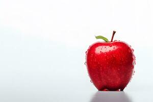 de cerca Fresco rojo manzana Fruta con gotas de agua en blanco antecedentes. jugoso Fruta con tropical fruta. sano nutrición concepto. generativo ai foto