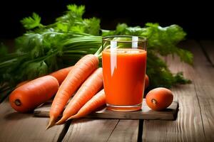 glass of carrot juice and carrots. minimalist background. vegetable food diet concept. Generative AI photo