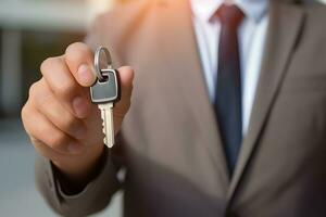 Man holding car keys with car on background. generative ai photo