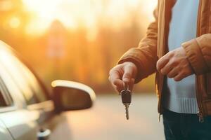 hombre participación coche llaves con coche en antecedentes. generativo ai foto