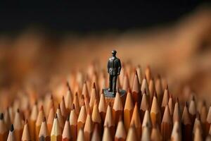 Businessman standing on top of pencils. Leadership, uniqueness, think different, teamwork business success. generative ai photo