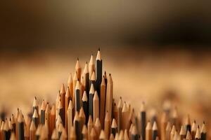 Businessman standing on top of pencils. Leadership, uniqueness, think different, teamwork business success. generative ai photo