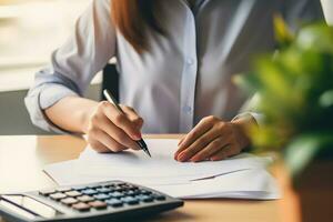 Business woman working on wooden desk in office background, tax, accounting and analytic. generative ai photo