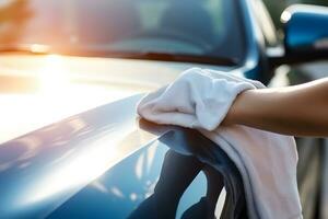 person holding towel clean up car. matinance car concept. generative ai photo