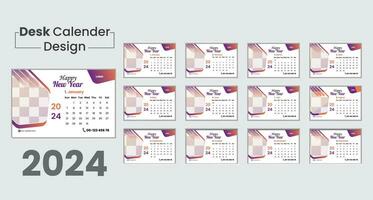 Set of 2024 bundle Desk calender planner design template with place for photo company logo. Vector layout of a  desk simple calendar with week start sunday. Calendar in orange grey and purple color.