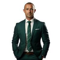 Hispanic Businessman in dark green suit with arms crossed isolated photo