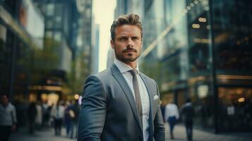 Successful businessman with arms crossed in front of skyscraper photo