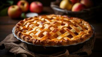 Apple pie with lattice crust, golden brown and steaming hot photo