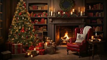 Navidad escena imagina un calentar y atractivo fiesta ajuste con un hermosamente decorado Navidad árbol rodeado por regalos, un cómodo balanceo silla, y un chicharrón chimenea. foto