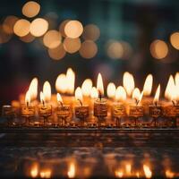 Glowing candles in a blurred menorah photo