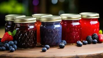 Assorted berry jams and spreads in mini mason jars. photo