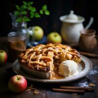 Apple pie with lattice crust, golden brown and steaming hot photo