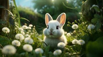 A bunny is lying in a lush meadow surrounded by green grass, with white eggs scattered around photo