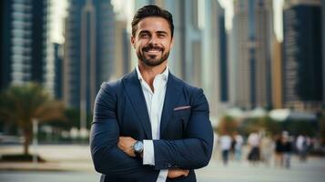 Successful businessman with arms crossed in front of skyscraper photo