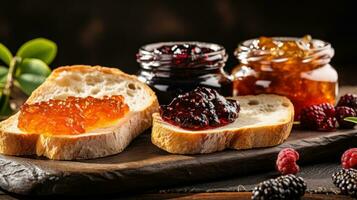Spread of fruit jams and honey on rustic bread slices photo
