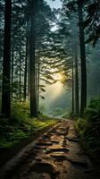 Misty forest with sunlight filtering through trees photo