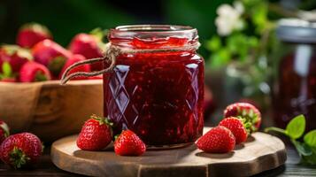 Close-up of homemade strawberry jam in a glass jar photo