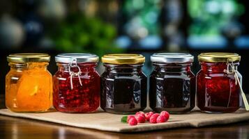 Assorted fruit preserves in glass jars with vintage spoons photo