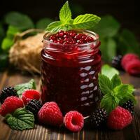 Homemade raspberry jam in a glass jar with fresh berries photo