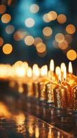 Glowing candles in a blurred menorah photo