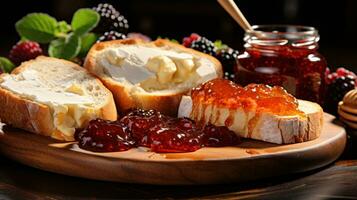 Spread of fruit jams and honey on rustic bread slices photo